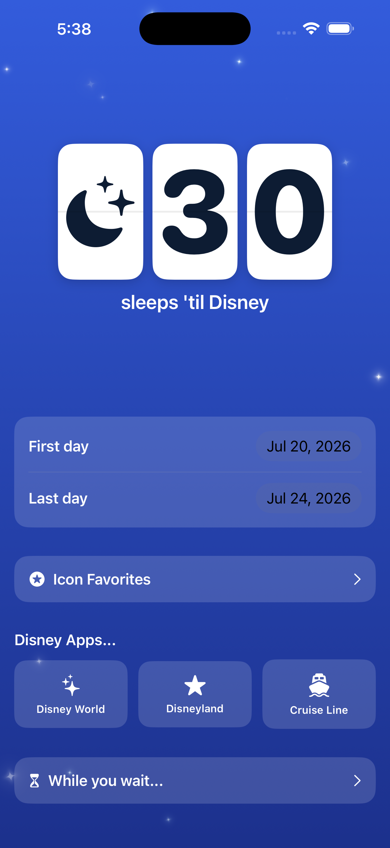 The Sleeps 'til Disney app showing a 30-sleep flip-clock countdown, trip dates, Icon Favorites, and Disney app shortcuts