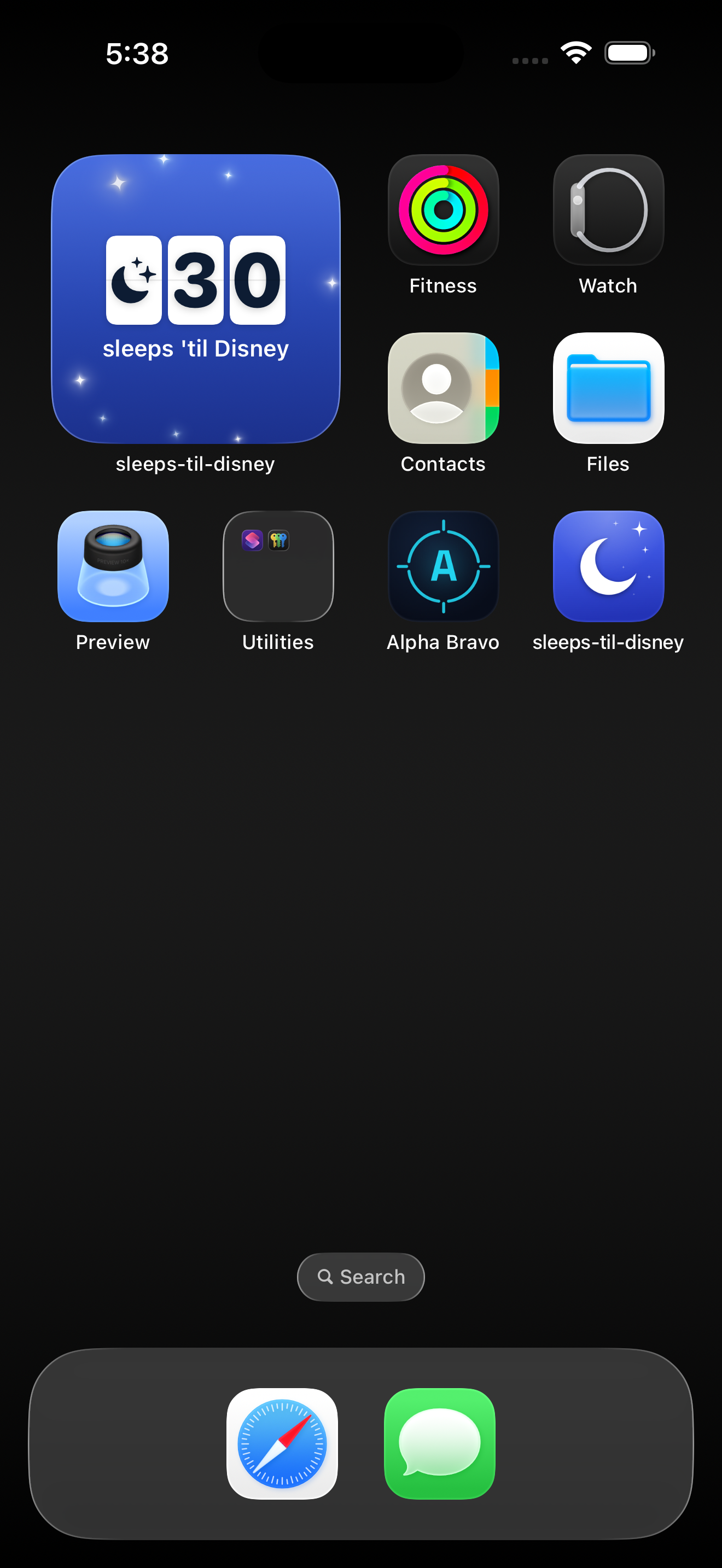 A small Sleeps 'til Disney widget on the Home Screen reading 30 sleeps 'til Disney